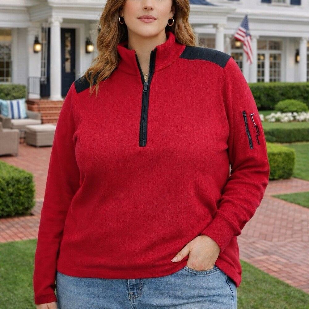 VTG 90’s Ralph Lauren Active Sweater XL Red Black Shoulder Patch Cotton Preppy